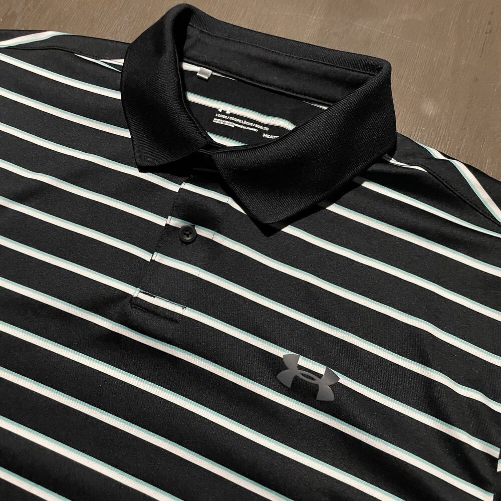 Under Armour Mens Medium Polo Golf Shirt Loose Heatgear Athletic Black White